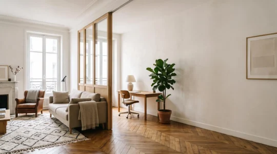 Salon lumineux réaménagé avec un coin bureau discret séparé de l'espace de vie par une cloison légère, sans perte de chambre