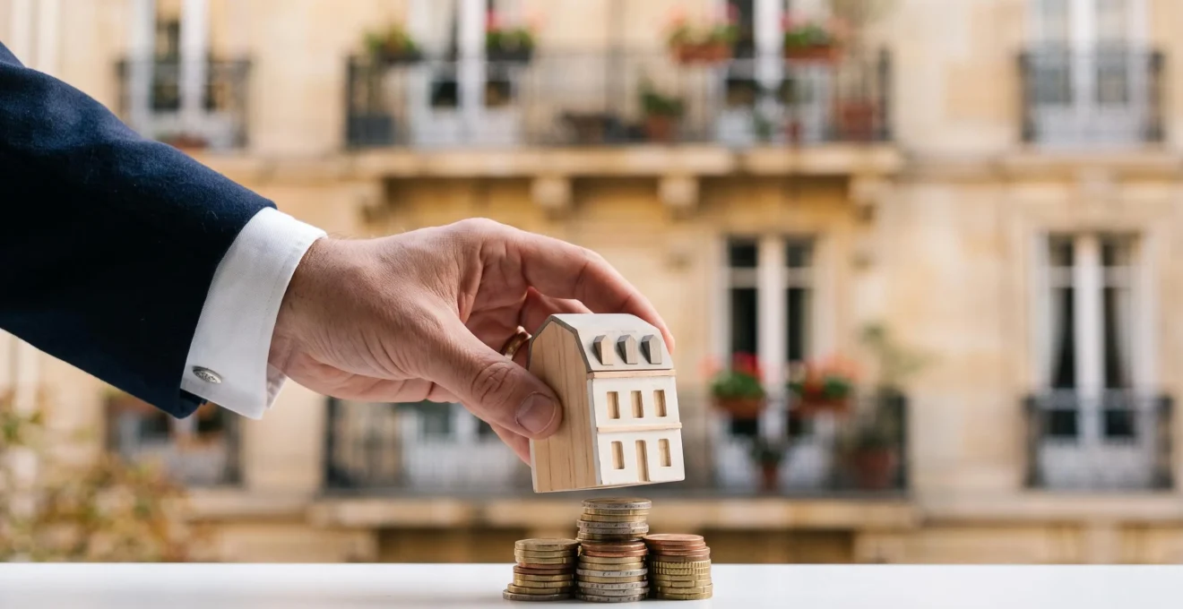 Main tenant délicatement une maquette de maison au-dessus d'une pile de pièces de monnaie, symbolisant la réduction d'impôt grâce à l'investissement locatif