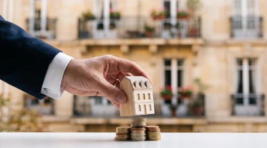 Main tenant délicatement une maquette de maison au-dessus d'une pile de pièces de monnaie, symbolisant la réduction d'impôt grâce à l'investissement locatif