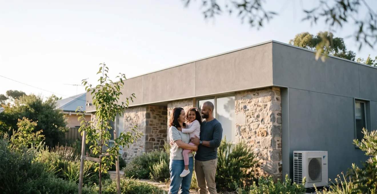 Famille devant une maison rénovée basse consommation entourée de végétation, symbole d'un logement bas carbone