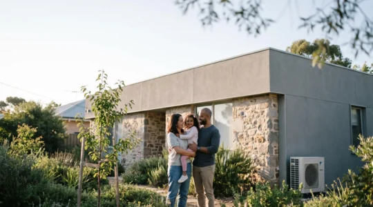 Famille devant une maison rénovée basse consommation entourée de végétation, symbole d'un logement bas carbone
