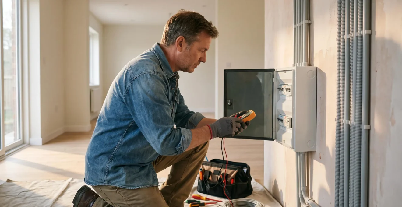 Électricien professionnel inspectant un tableau électrique moderne dans un appartement rénové, symbole de sécurité contre les incendies domestiques