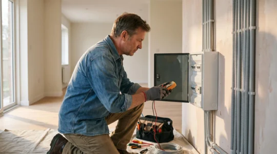 Électricien professionnel inspectant un tableau électrique moderne dans un appartement rénové, symbole de sécurité contre les incendies domestiques