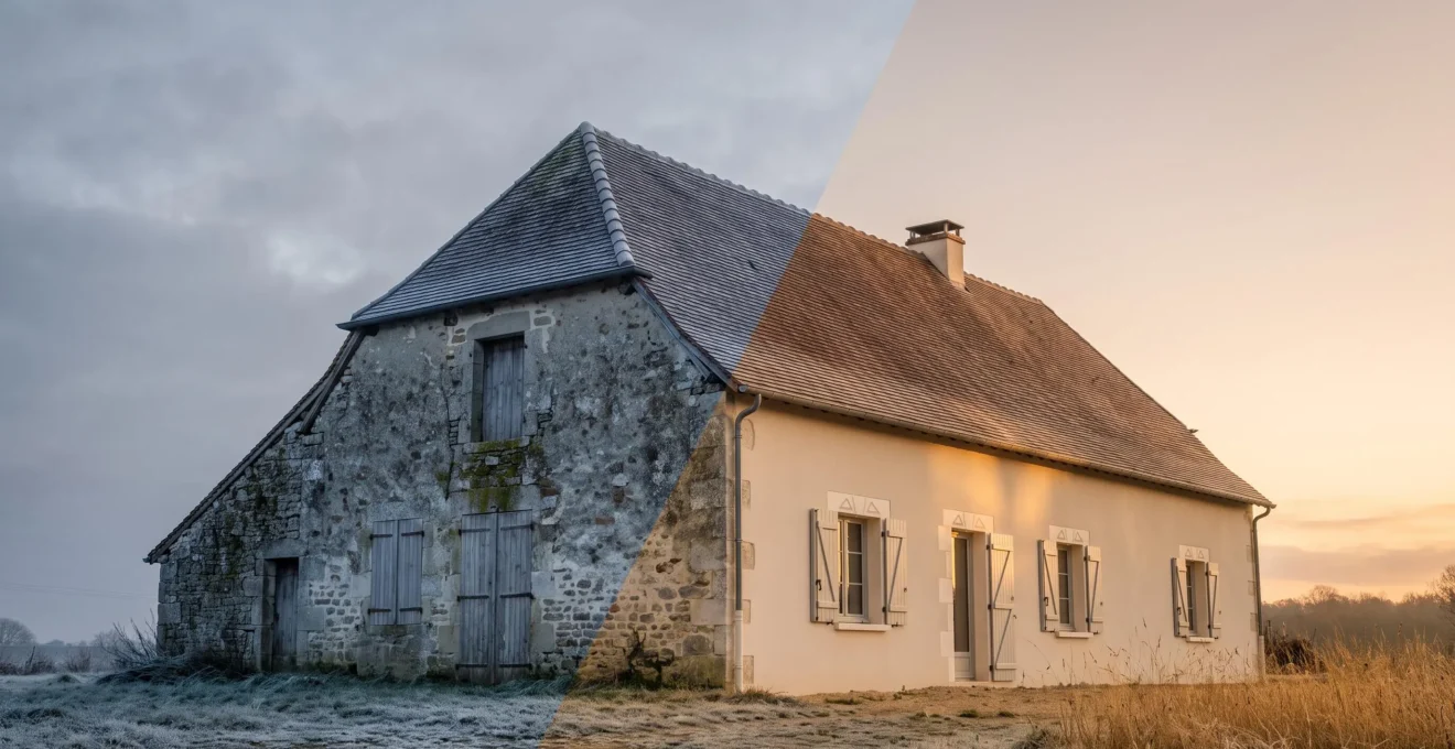 Maison partagée entre une aile ancienne et froide et une aile rénovée et lumineuse, symbolisant le passage du DPE classe E à classe B