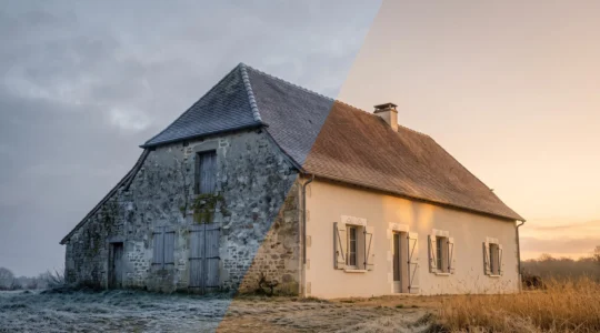Maison partagée entre une aile ancienne et froide et une aile rénovée et lumineuse, symbolisant le passage du DPE classe E à classe B
