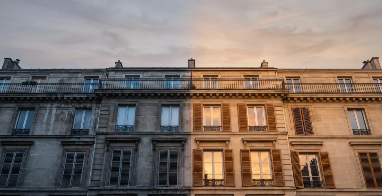 Façade d'une maison française mi-rénovée illustrant la transformation d'un logement énergivore vers un bien performant