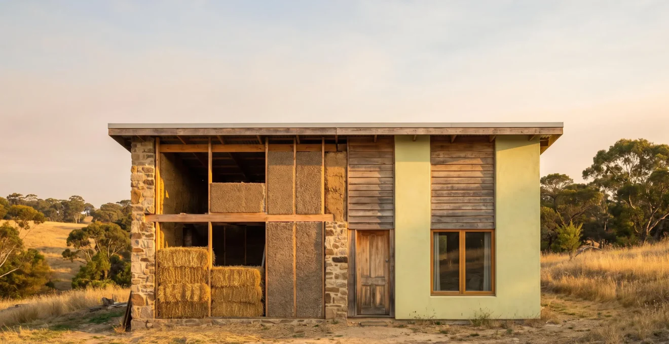 Facade d'une maison en renovation avec isolation en bottes de paille et bardage bois visible, illustrant la renovation biosourcee