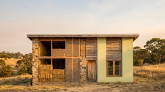 Facade d'une maison en renovation avec isolation en bottes de paille et bardage bois visible, illustrant la renovation biosourcee