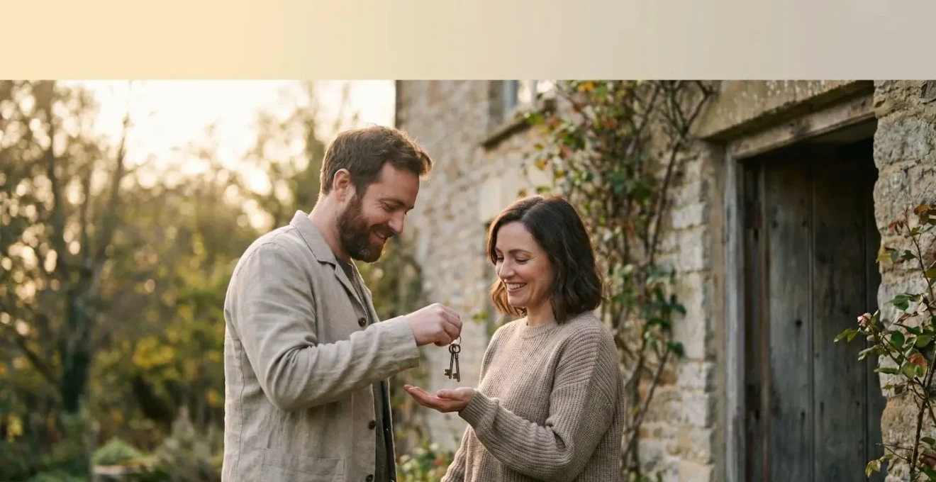 Jeune couple recevant les clés de leur nouvelle maison au coucher du soleil, symbole d'un achat immobilier réussi et sécurisé