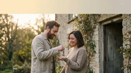 Jeune couple recevant les clés de leur nouvelle maison au coucher du soleil, symbole d'un achat immobilier réussi et sécurisé