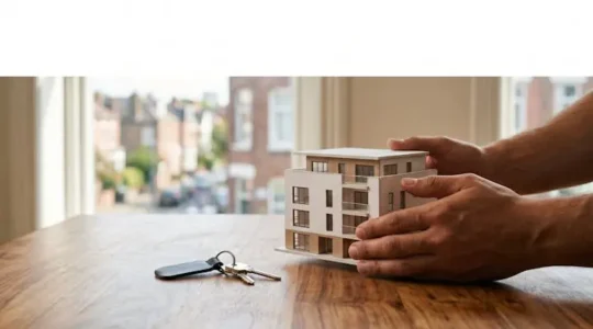 Mains tenant des clés et une maquette d'immeuble symbolisant le premier investissement locatif réussi