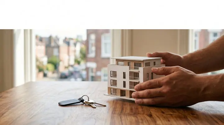 Mains tenant des clés et une maquette d'immeuble symbolisant le premier investissement locatif réussi