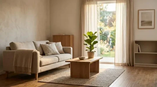 Salon chaleureux et épuré mis en valeur par le home staging avant une visite immobilière