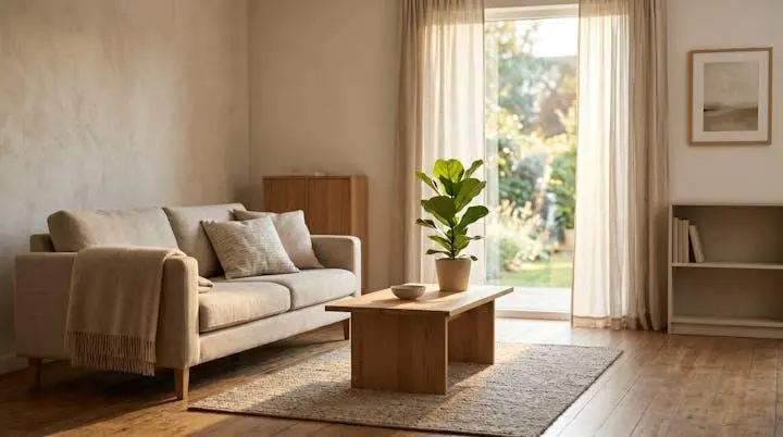 Salon chaleureux et épuré mis en valeur par le home staging avant une visite immobilière