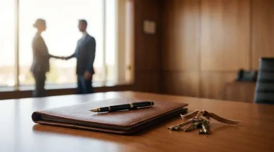 Bureau de notaire épuré avec stylo posé sur un dossier fermé, symbolisant la signature définitive d'une vente immobilière