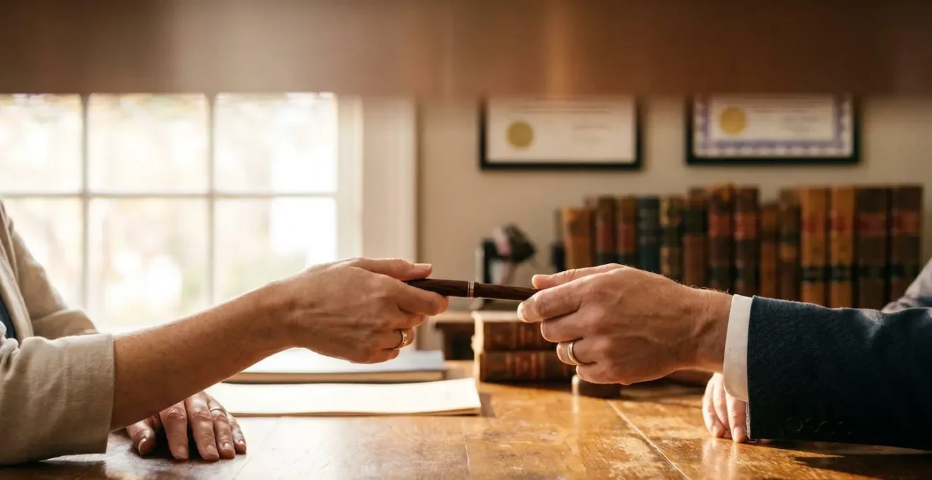 Deux mains echangeant un stylo au-dessus d'une table en bois, symbolisant la signature engageante d'un compromis de vente immobilier