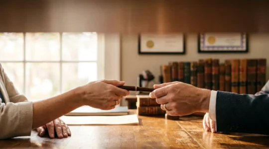 Deux mains echangeant un stylo au-dessus d'une table en bois, symbolisant la signature engageante d'un compromis de vente immobilier