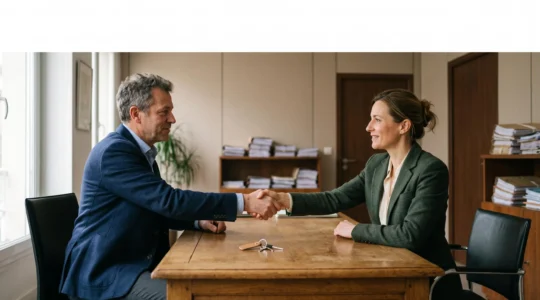 Vendeur et acheteur signant un acte de vente chez un notaire dans une étude française lumineuse