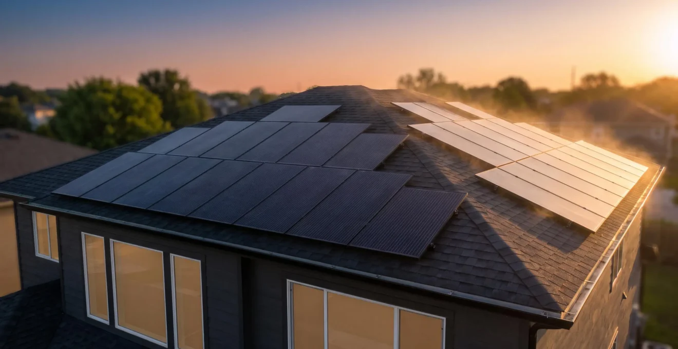 Toiture de maison individuelle équipée de panneaux photovoltaïques au lever du soleil, symbolisant les économies d'énergie et la revente du surplus électrique