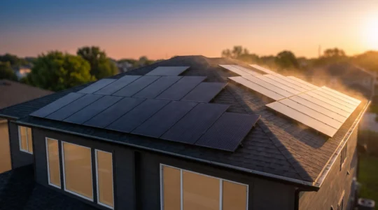 Toiture de maison individuelle équipée de panneaux photovoltaïques au lever du soleil, symbolisant les économies d'énergie et la revente du surplus électrique