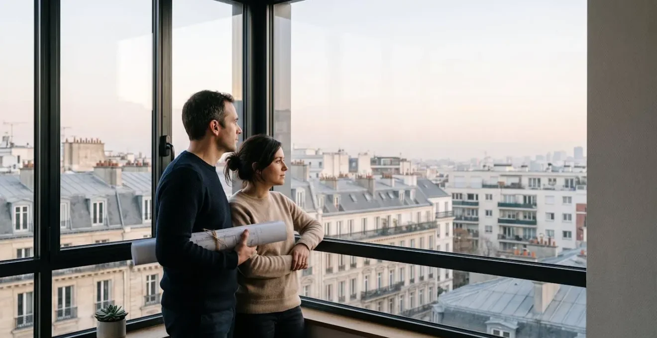 Un couple observe avec attention une carte de quartier et des documents immobiliers dans une lumière douce, symbolisant la vigilance avant un achat immobilier