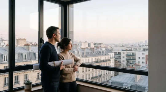 Un couple observe avec attention une carte de quartier et des documents immobiliers dans une lumière douce, symbolisant la vigilance avant un achat immobilier