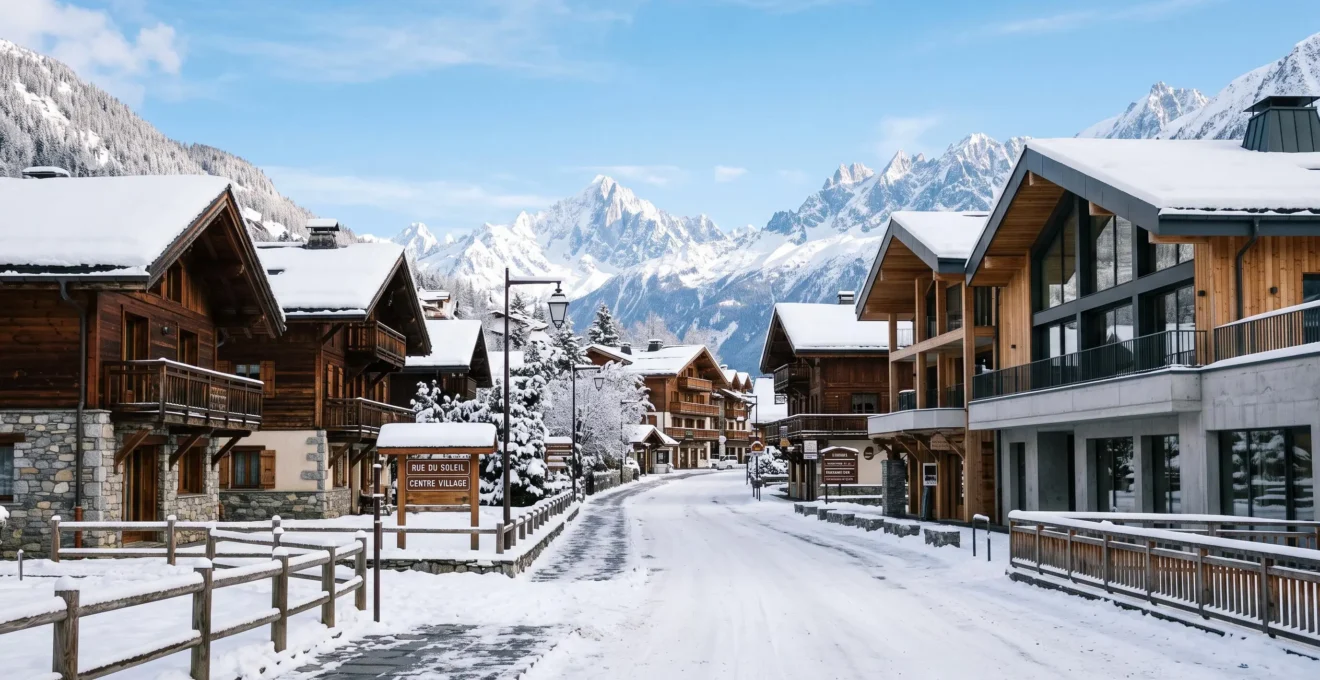 Vue en contre-plongée d'une rue de village alpin en hiver avec chalets traditionnels et architecture moderne, montagnes enneigées en arrière-plan sous un ciel bleu